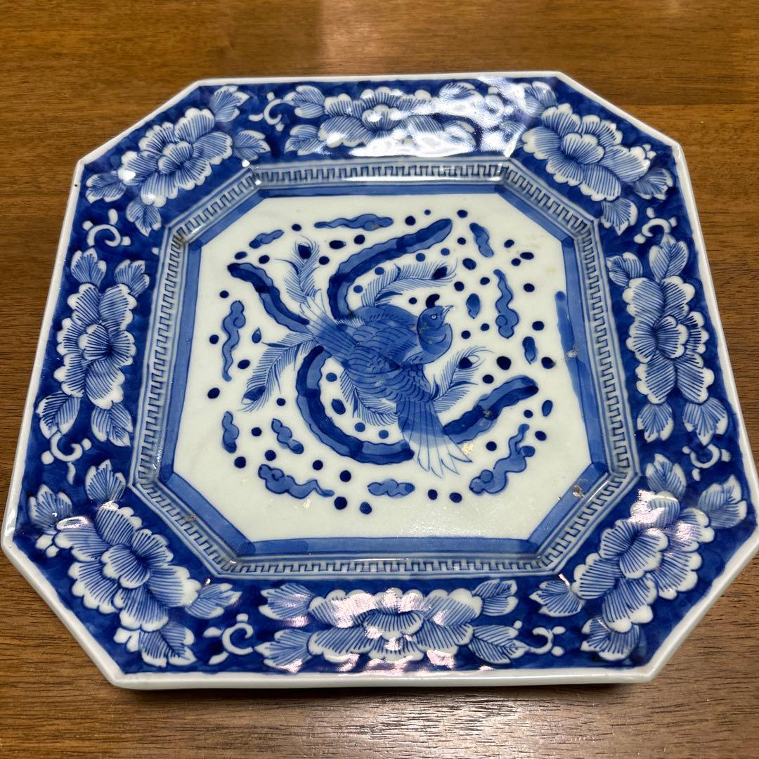 古伊万里 染付 鳳凰牡丹文 八角大皿 28cm 飾り皿 骨董