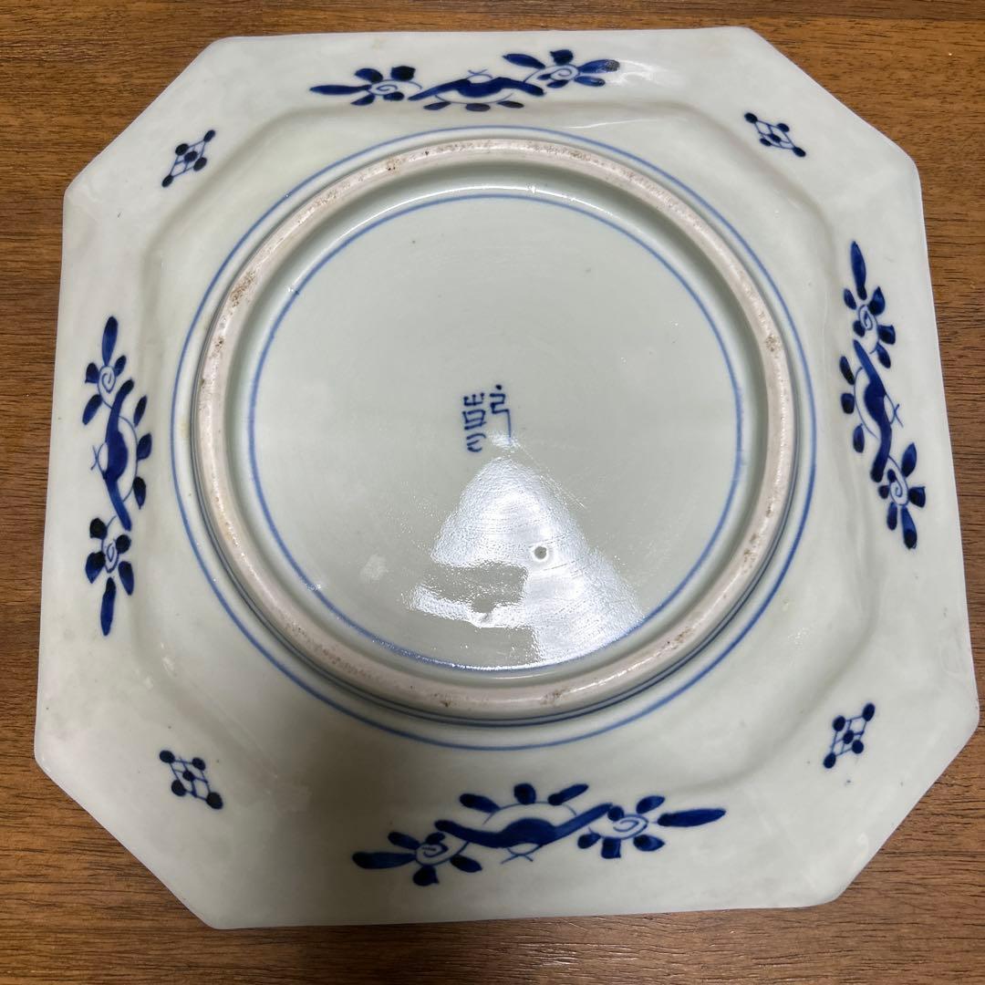 古伊万里 染付 鳳凰牡丹文 八角大皿 28cm 飾り皿 骨董