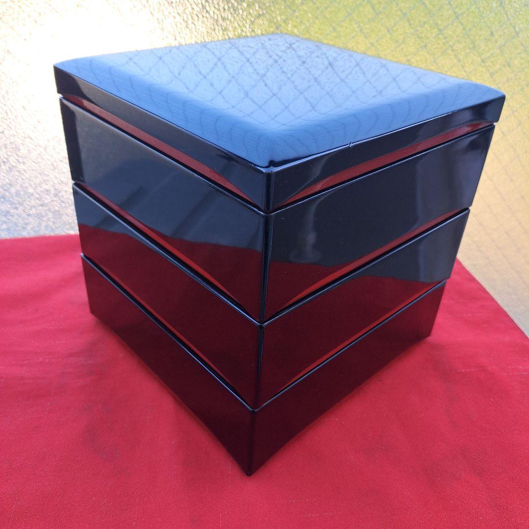 【会津漆器　6.5寸3段重箱】天然木製　ダイヤ型　黒塗　長期保管品