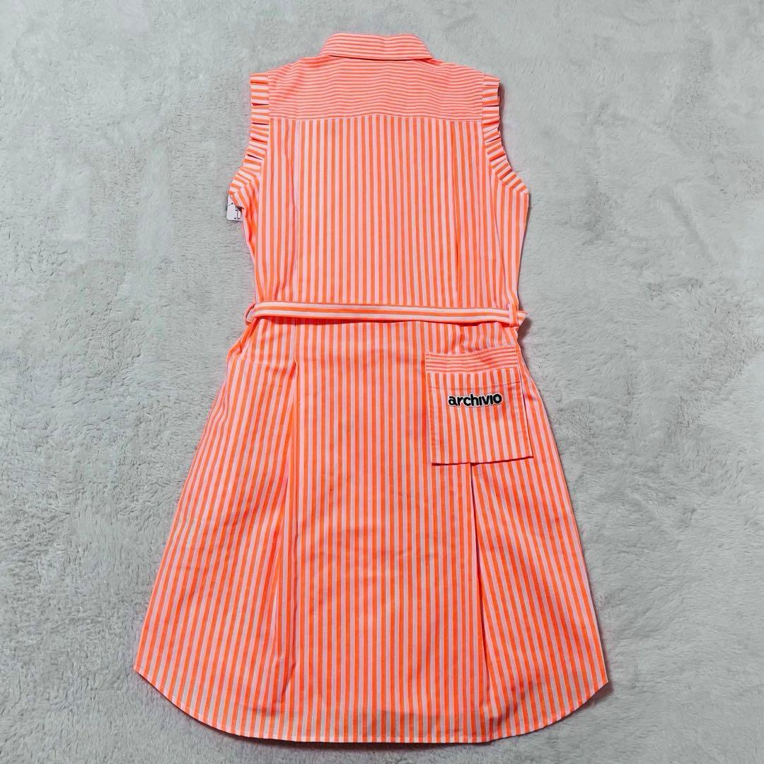 新品 アルチビオ ゴルフワンピース ストライプシャツワンピース 袖フリル 38