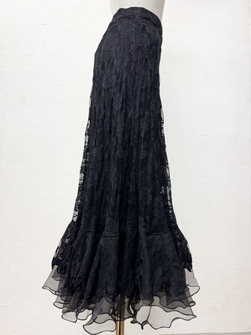 【薔薇レース】新品 社交ダンス用 黒ロングフレアスカートb240