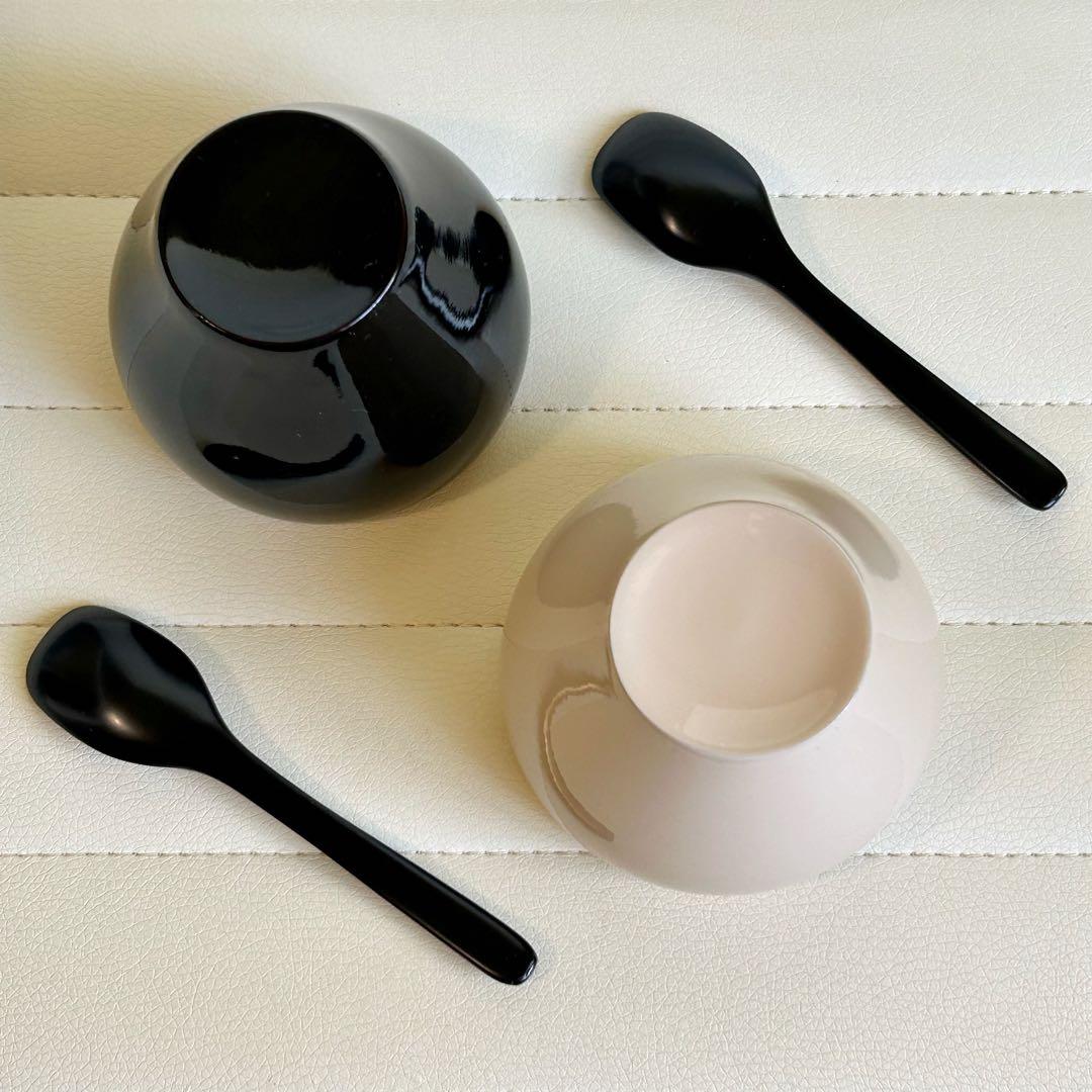 会津塗　内金　黒白　デザートカップ　漆器　お椀　ボウル　金彩　天然木　スプーン