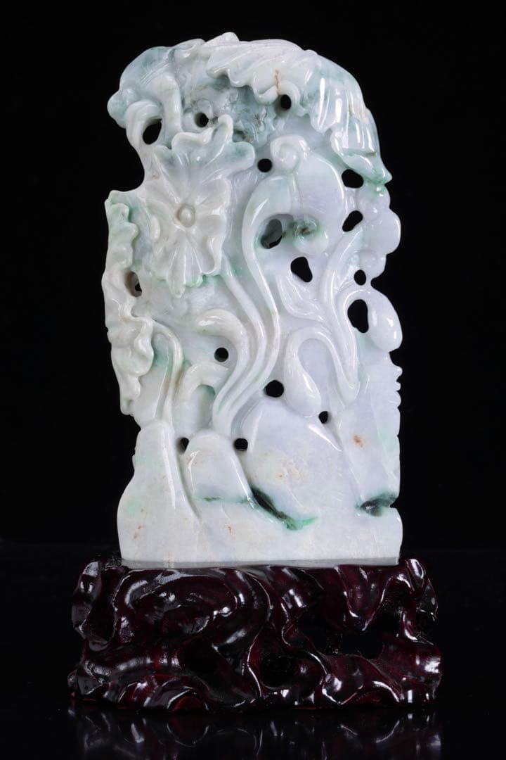 翡翠玉石彫刻 淡紫 鳳凰透彫置物 約615g 台座付 中国古玩 古美術 木箱付