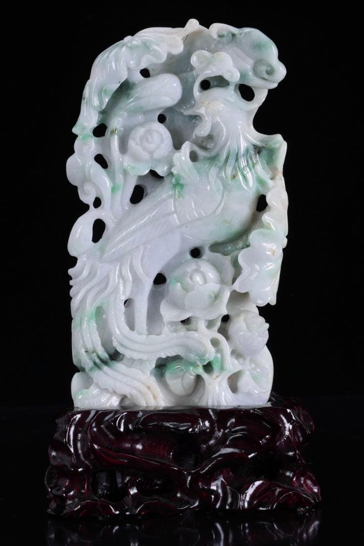 翡翠玉石彫刻 淡紫 鳳凰透彫置物 約615g 台座付 中国古玩 古美術 木箱付