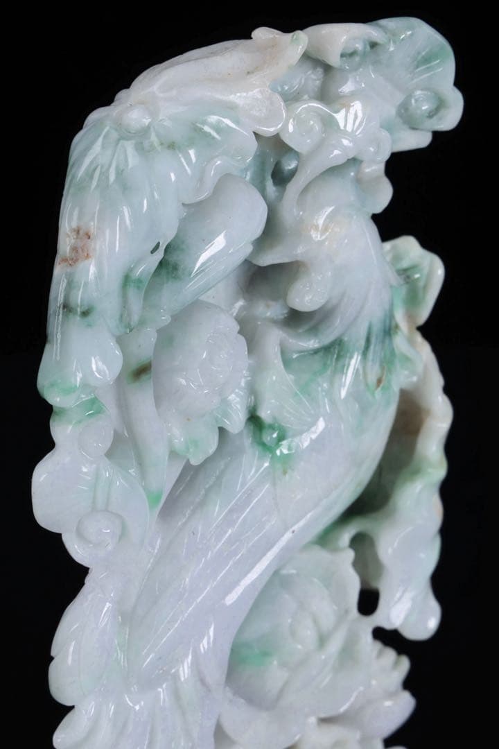翡翠玉石彫刻 淡紫 鳳凰透彫置物 約615g 台座付 中国古玩 古美術 木箱付