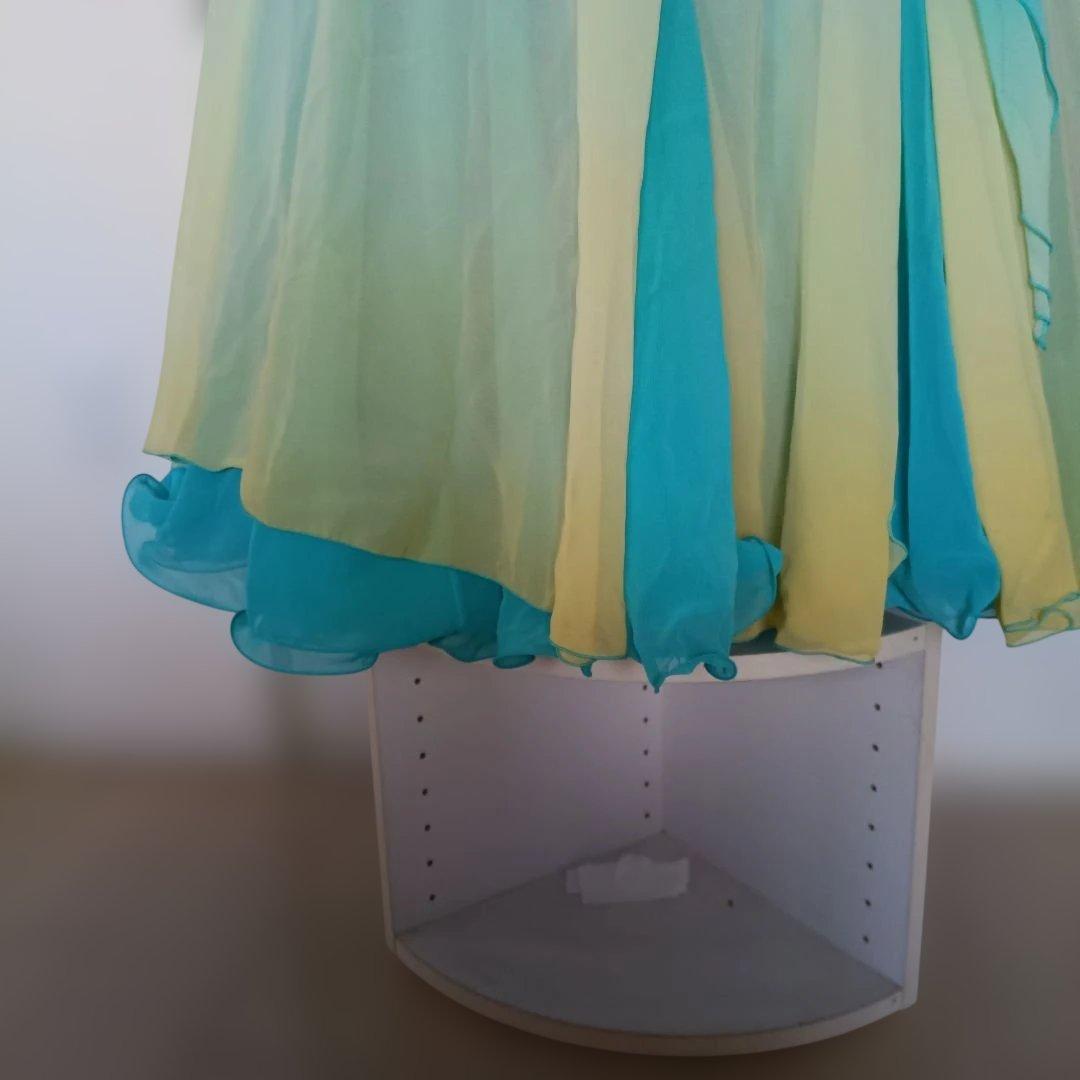 社交ダンス青緑色ビーズ刺繍フレアドレスM