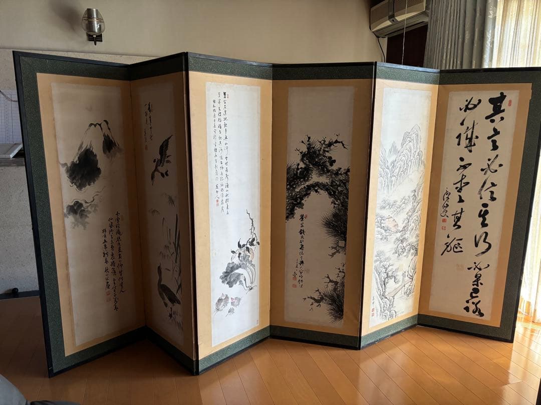 六曲一隻 屏風 水墨画 山水図 漢詩（時代物）