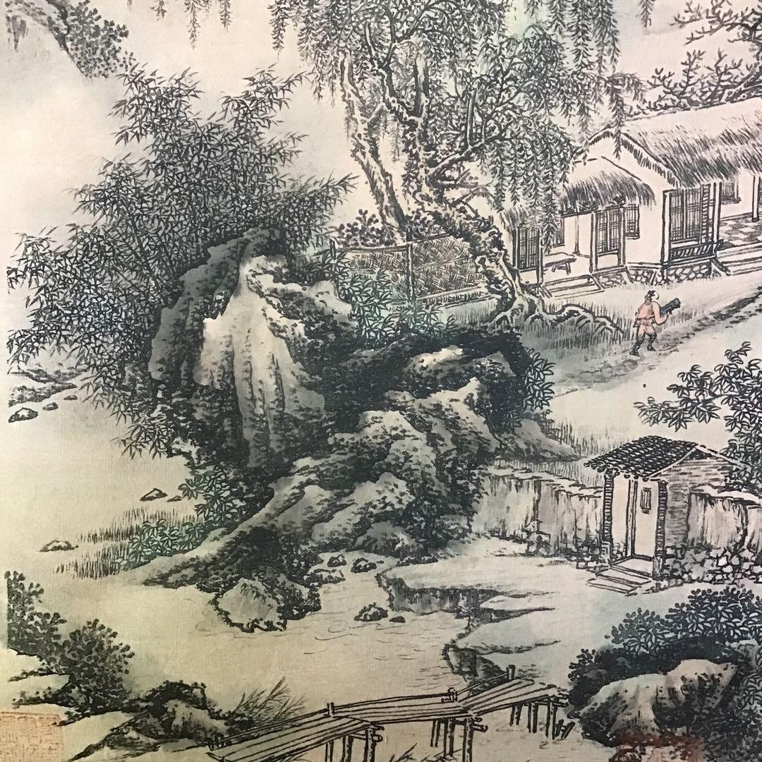 極細水墨画「楼閣山水図」　肉筆　張斎筆