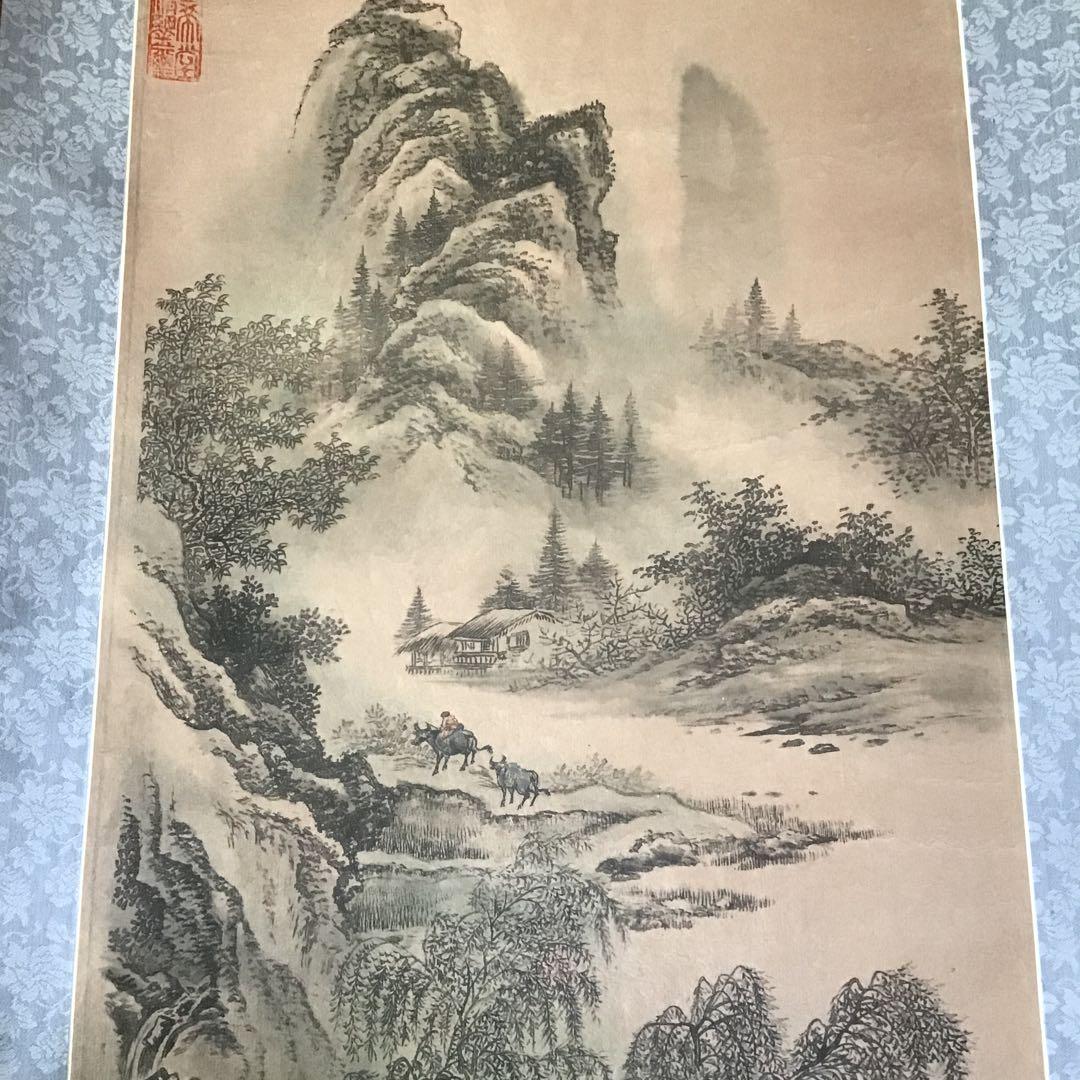 極細水墨画「楼閣山水図」　肉筆　張斎筆