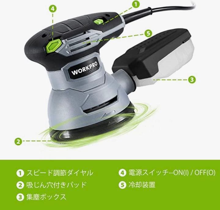 サンダー 電動サンダー 300W 12000RPM 6段階無段変速高集塵システム
