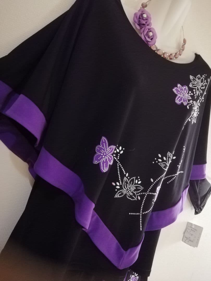 社交ダンス 花柄、 黒紫、華やか、上下セットアップ、新品２L