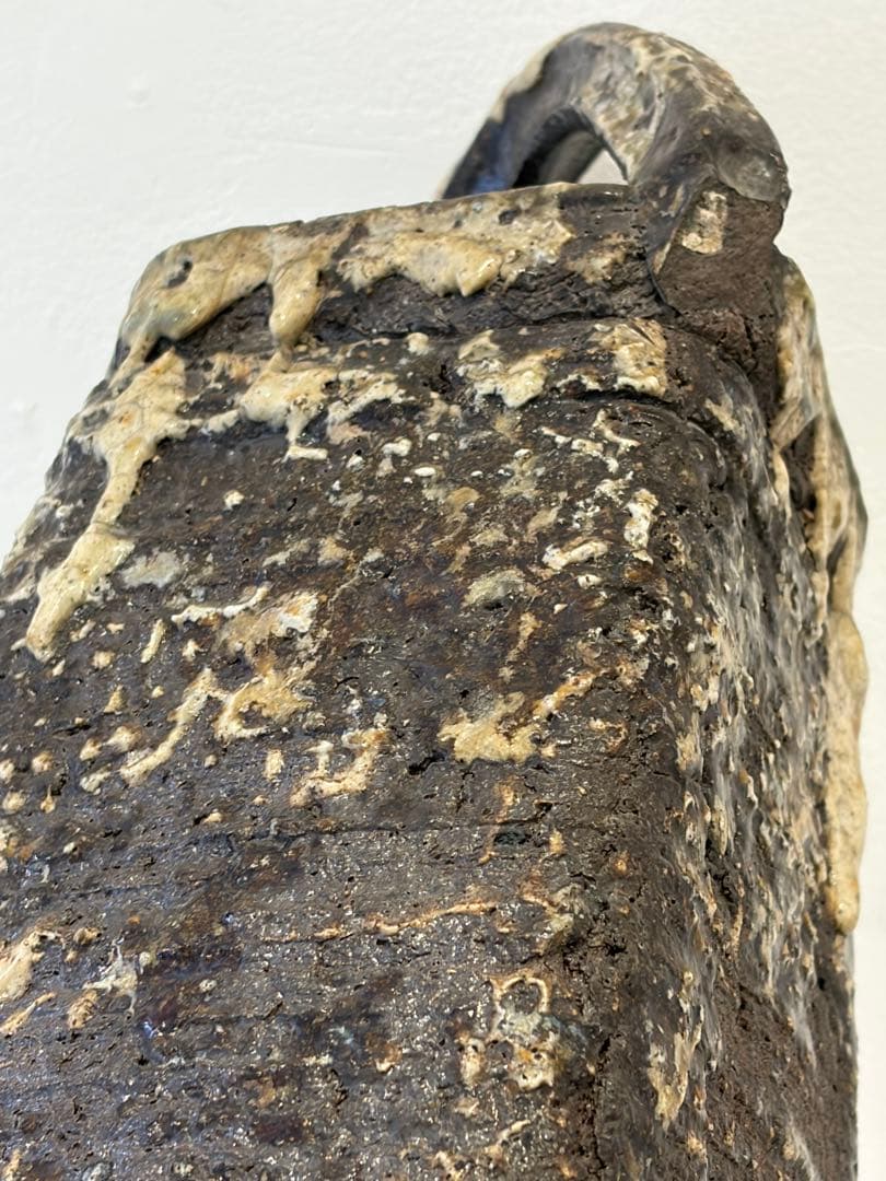 備前焼　焼きじめ　花器　花生け　茶道具　銘有　釉薬だれ　高31cm