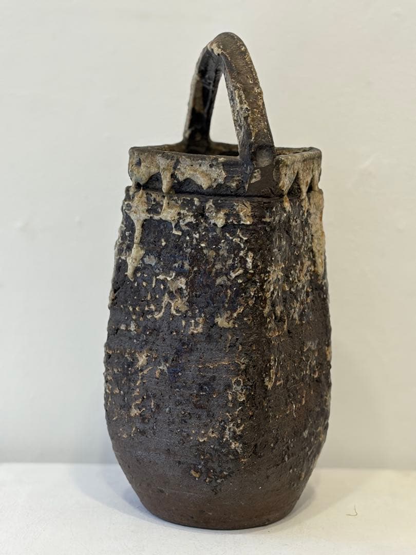 備前焼　焼きじめ　花器　花生け　茶道具　銘有　釉薬だれ　高31cm