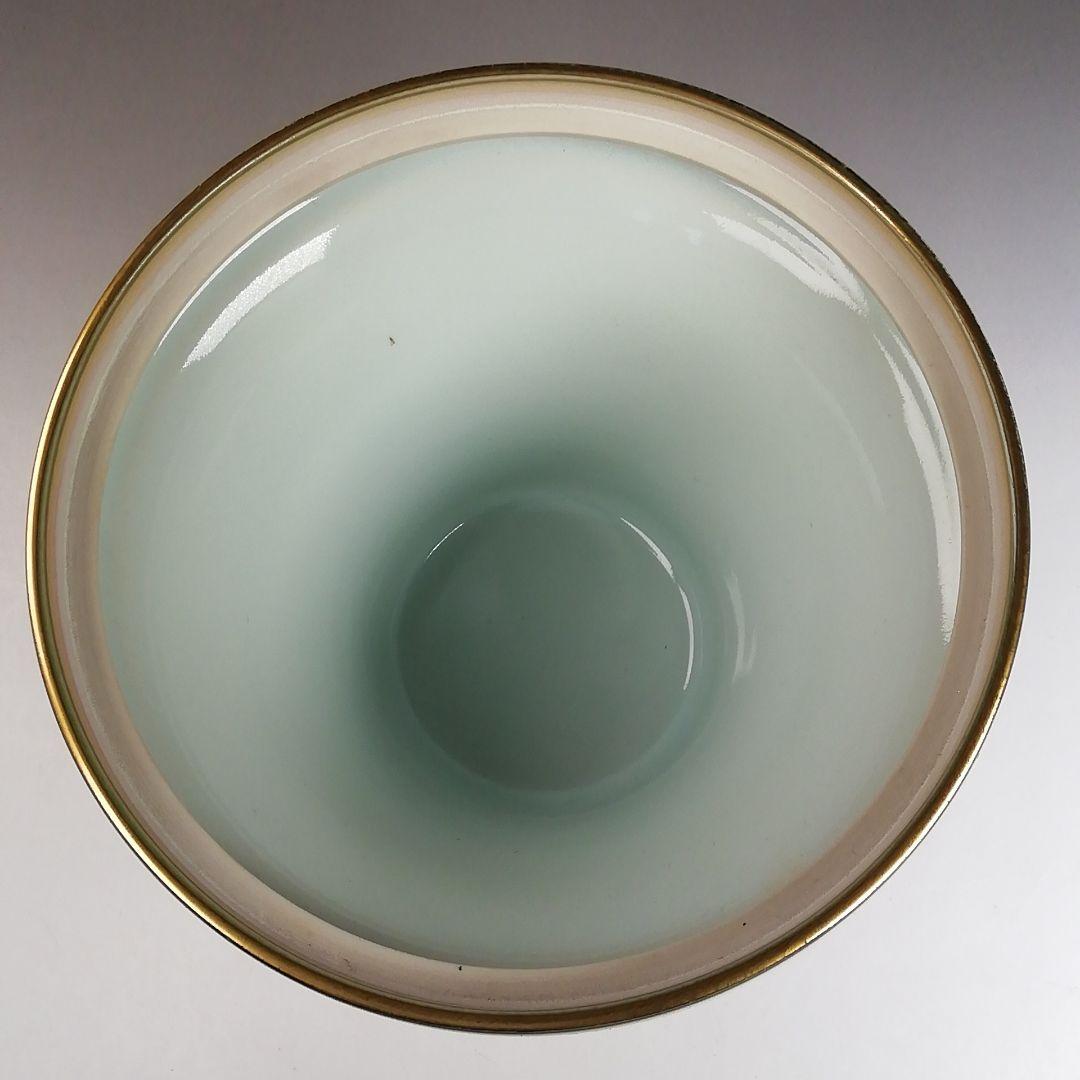 Ｗ３８１　水指　『緑地金襴手　末広形』『玉堂窯　手塚玉堂 造』　共箱　茶道具