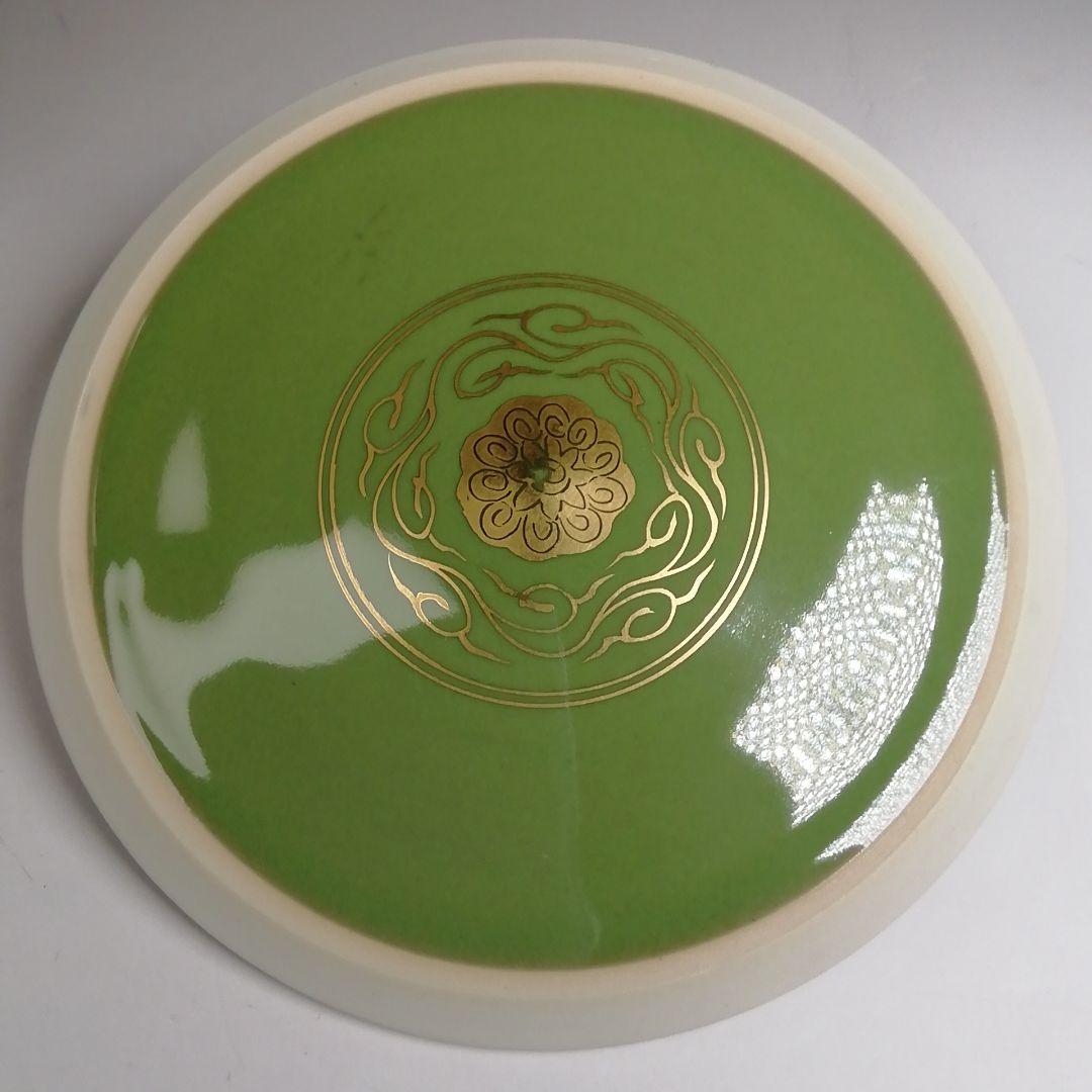 Ｗ３８１　水指　『緑地金襴手　末広形』『玉堂窯　手塚玉堂 造』　共箱　茶道具