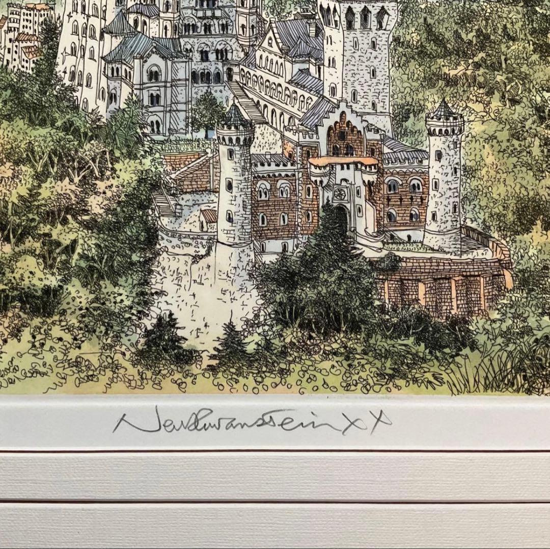 絵画・額縁・版画・織田義郎・銅版+手彩色・ノイシュバンシュタインⅩⅩ・美術品