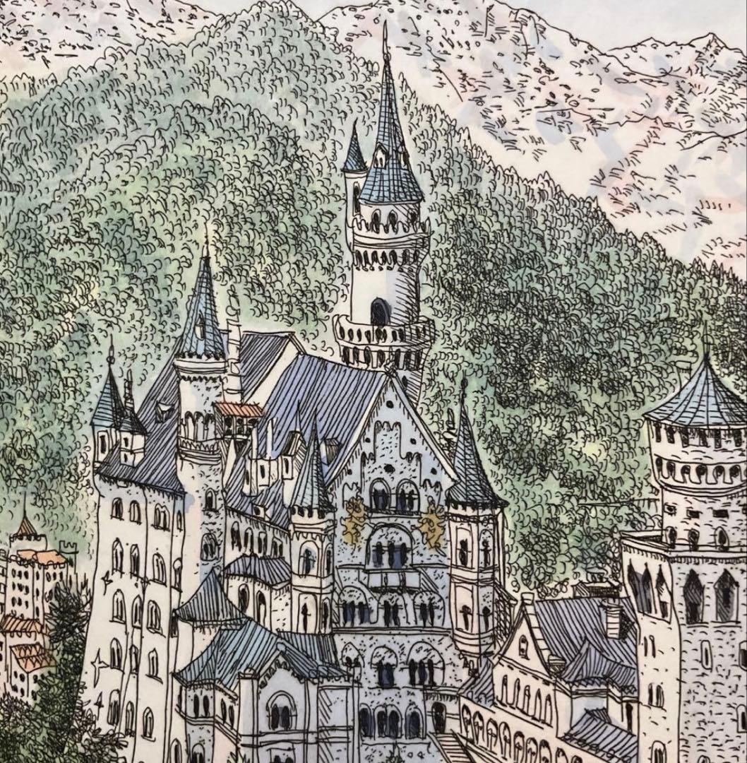 絵画・額縁・版画・織田義郎・銅版+手彩色・ノイシュバンシュタインⅩⅩ・美術品