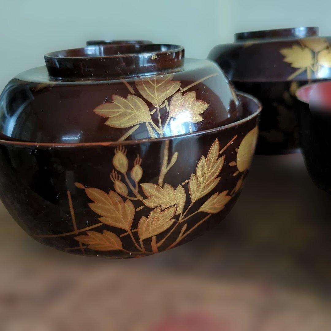 骨董　お椀　蓋付き　木製　漆器　蒔絵　煮物　雑煮　椀　5つ〜