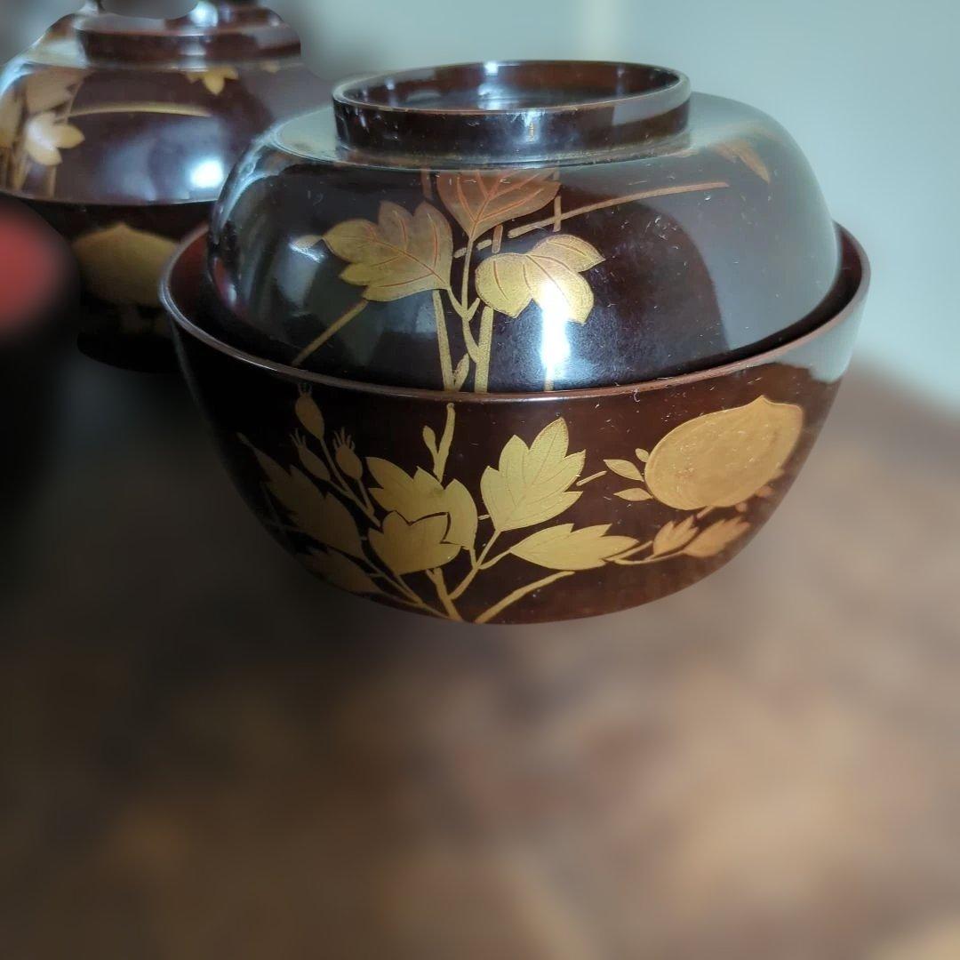 骨董　お椀　蓋付き　木製　漆器　蒔絵　煮物　雑煮　椀　5つ〜