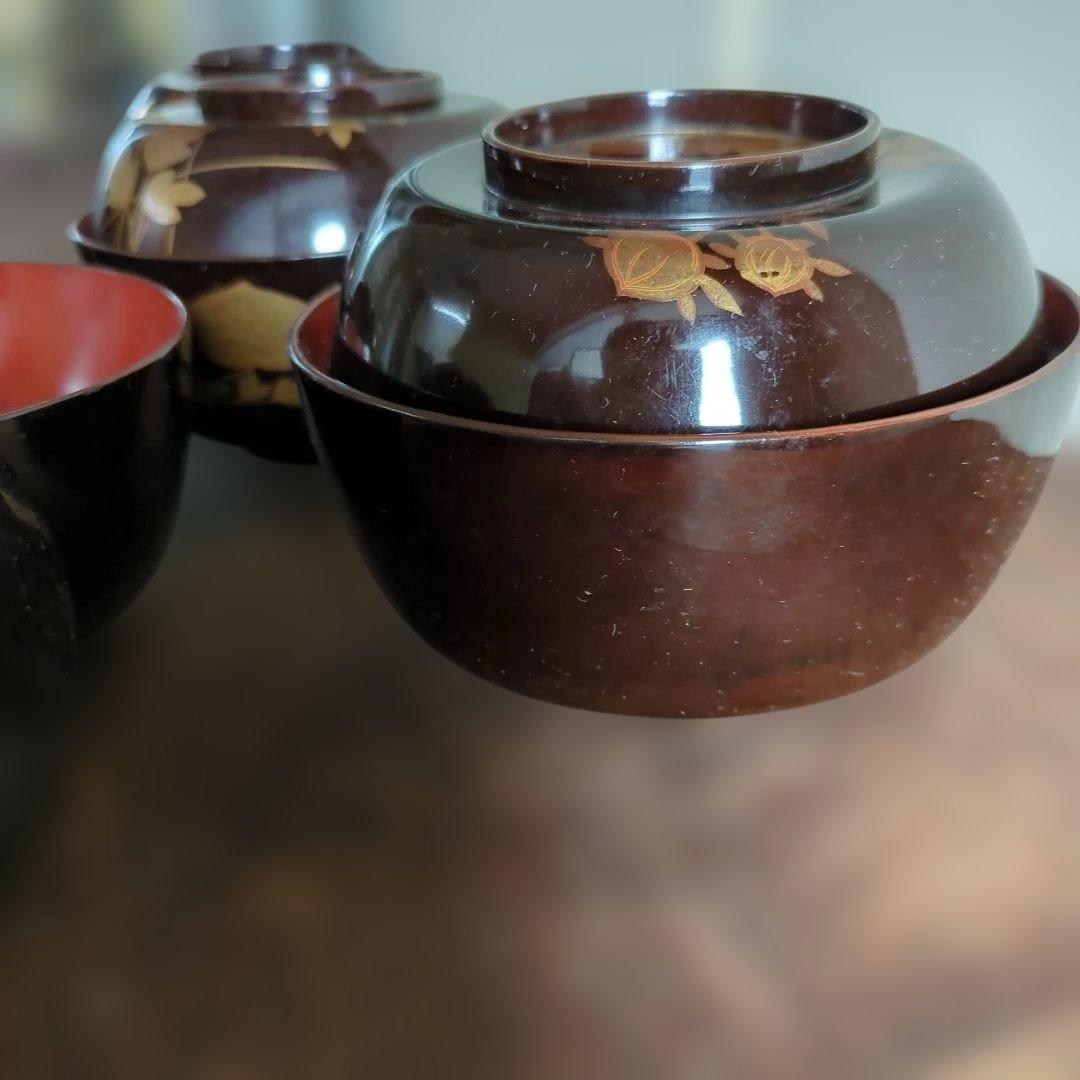 骨董　お椀　蓋付き　木製　漆器　蒔絵　煮物　雑煮　椀　5つ〜