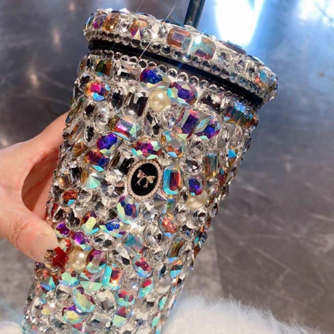 新品　満ダイヤモンド風 保温カップ 500mlクリスタル装飾の水筒 ストロー付き