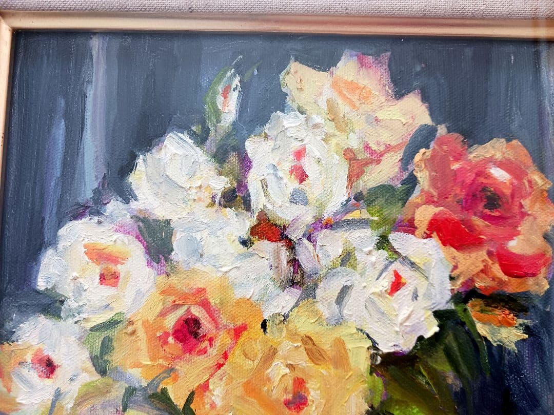 バラ花束の油彩画　 金色フレーム・ベージュ額縁　38×31×5cm　新品　箱付き