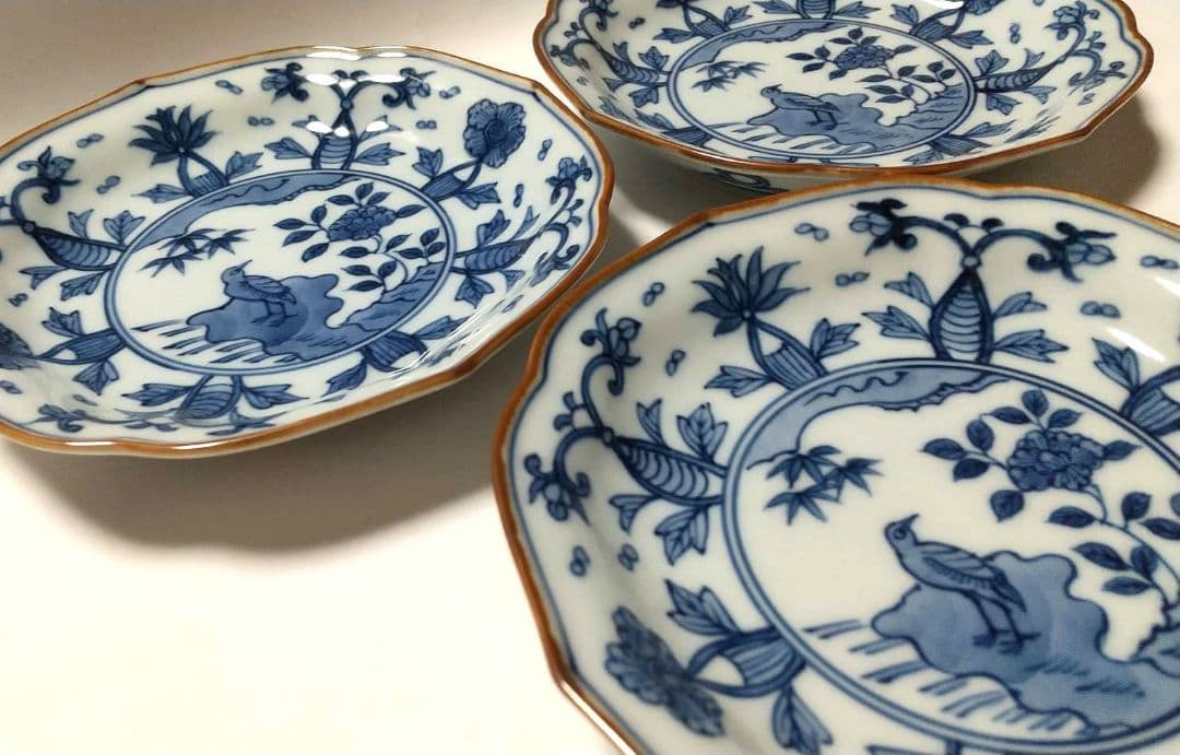 【未使用品】 源右衛門窯 染付 花鳥見込 銘々皿 3枚組【バラ売り可】
