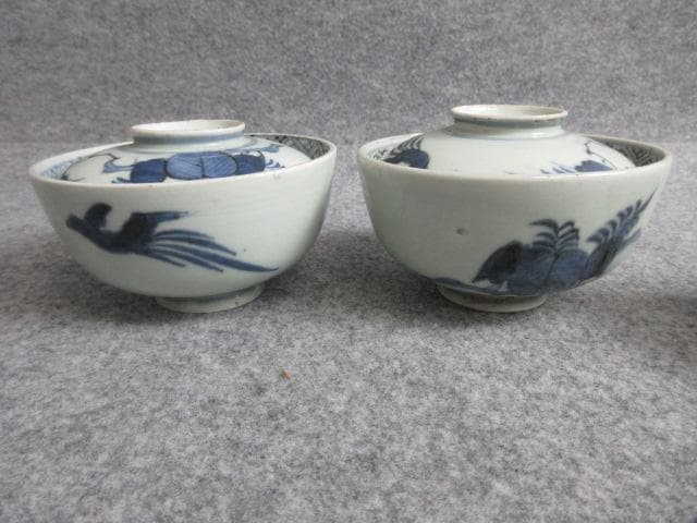 古伊万里染付蓋茶碗2個と蕎麦猪口3個 [B28765]