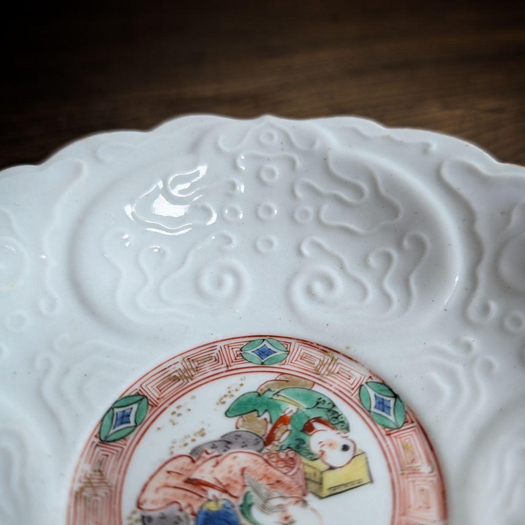明治　九谷　陽刻金彩　輪花皿 寿老人　唐子図　鳳凰龍雲　稀少景色