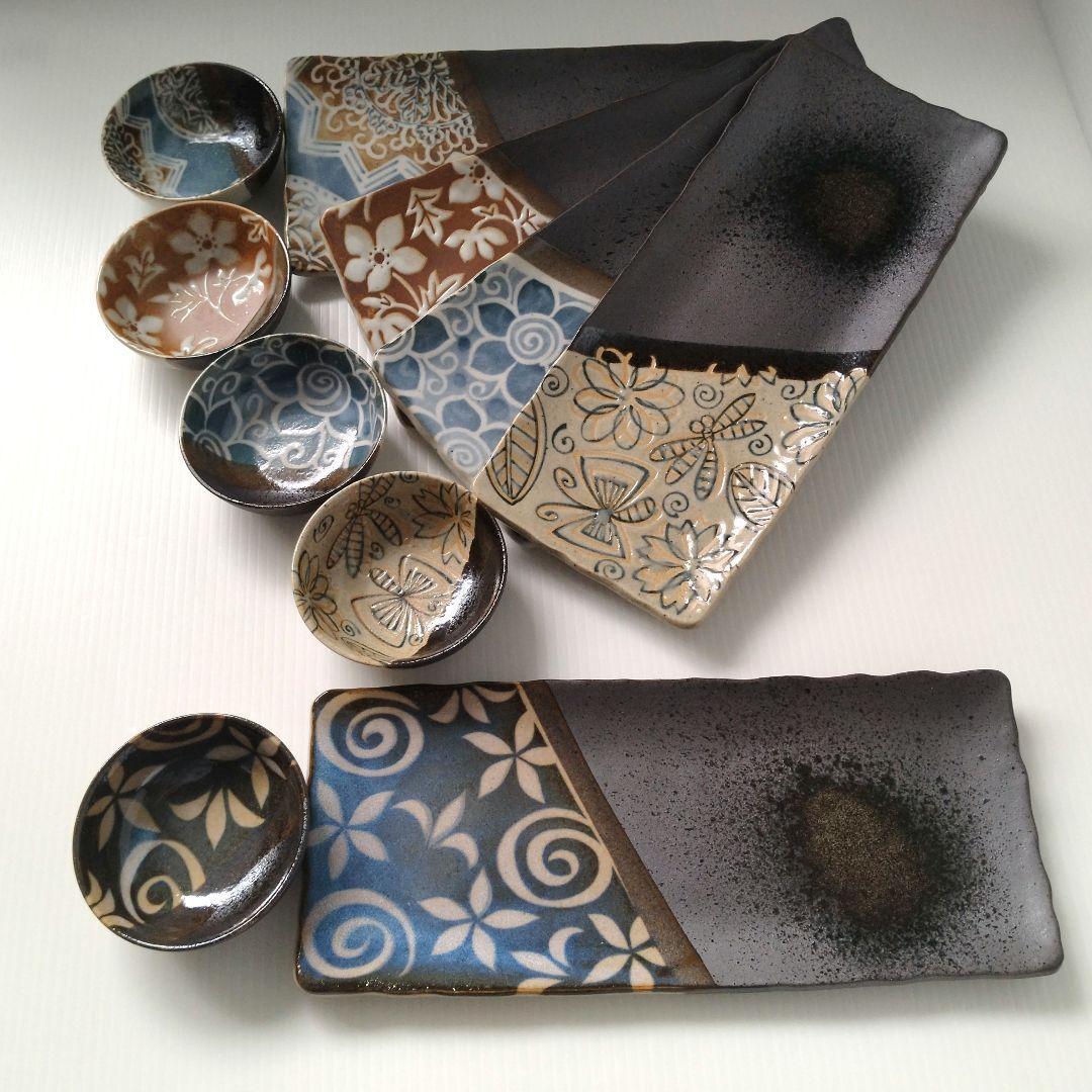 愛陶 古染 絵替わり 平角皿 長角皿 魚皿 秋刀魚皿 焼物皿 小鉢 10点セット