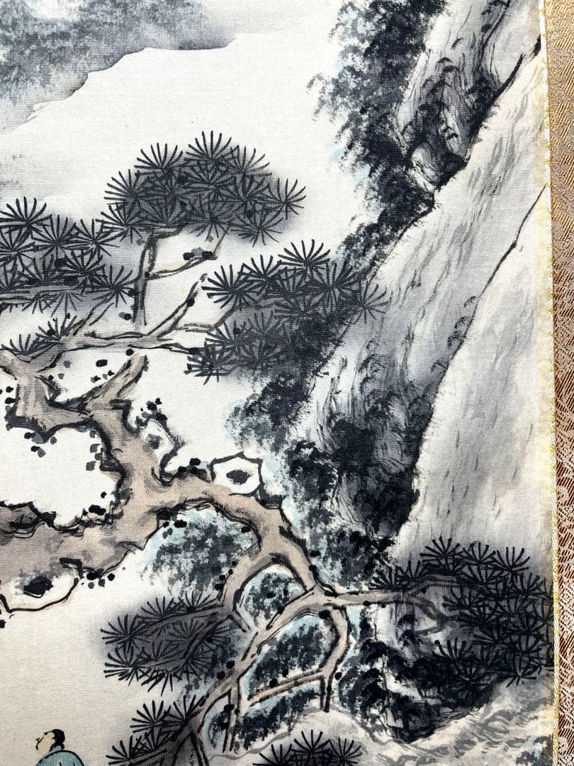 大判！[光則・絹本・山水図・観瀑図]／山崎光則　美術品　水墨画
