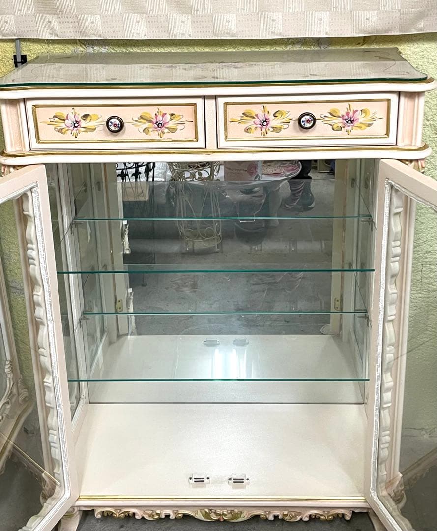 ロココ調 姫家具 花柄 ガラスキャビネット 薄ピンクベージュ 美品