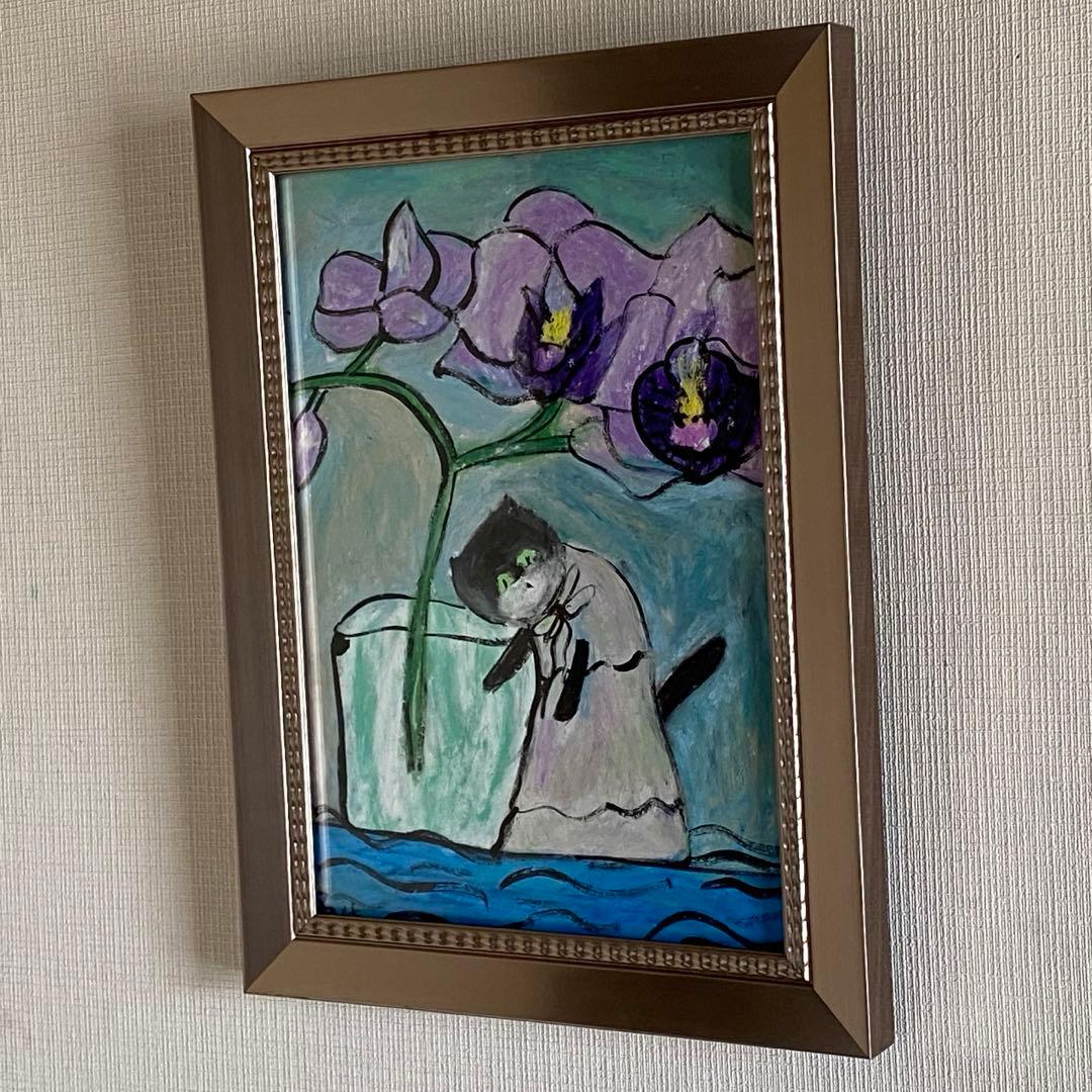 絵画 。壁掛け絵☆【猫ちゃんが丁寧に守ってくれる胡蝶蘭がもたらす幸せ】