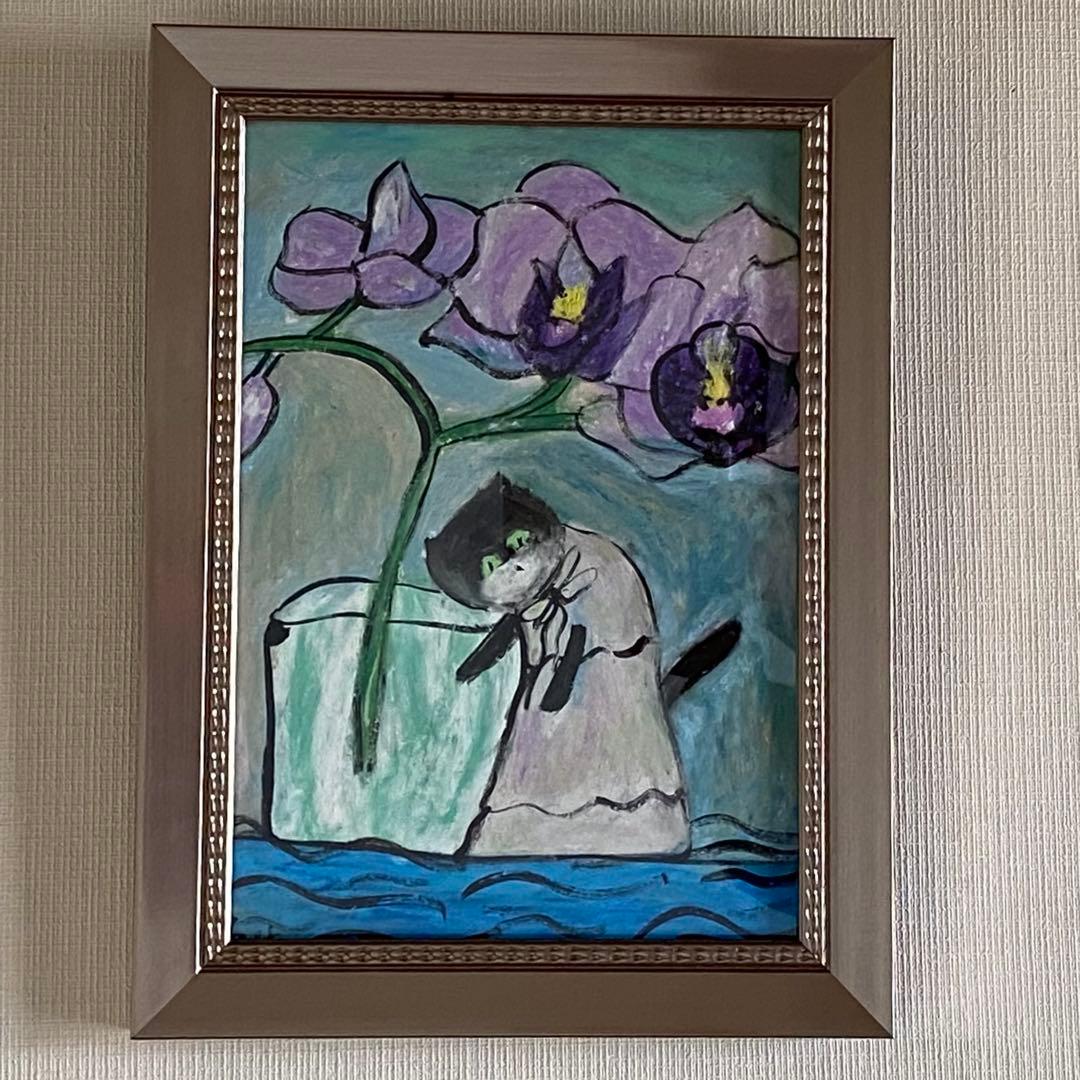絵画 。壁掛け絵☆【猫ちゃんが丁寧に守ってくれる胡蝶蘭がもたらす幸せ】