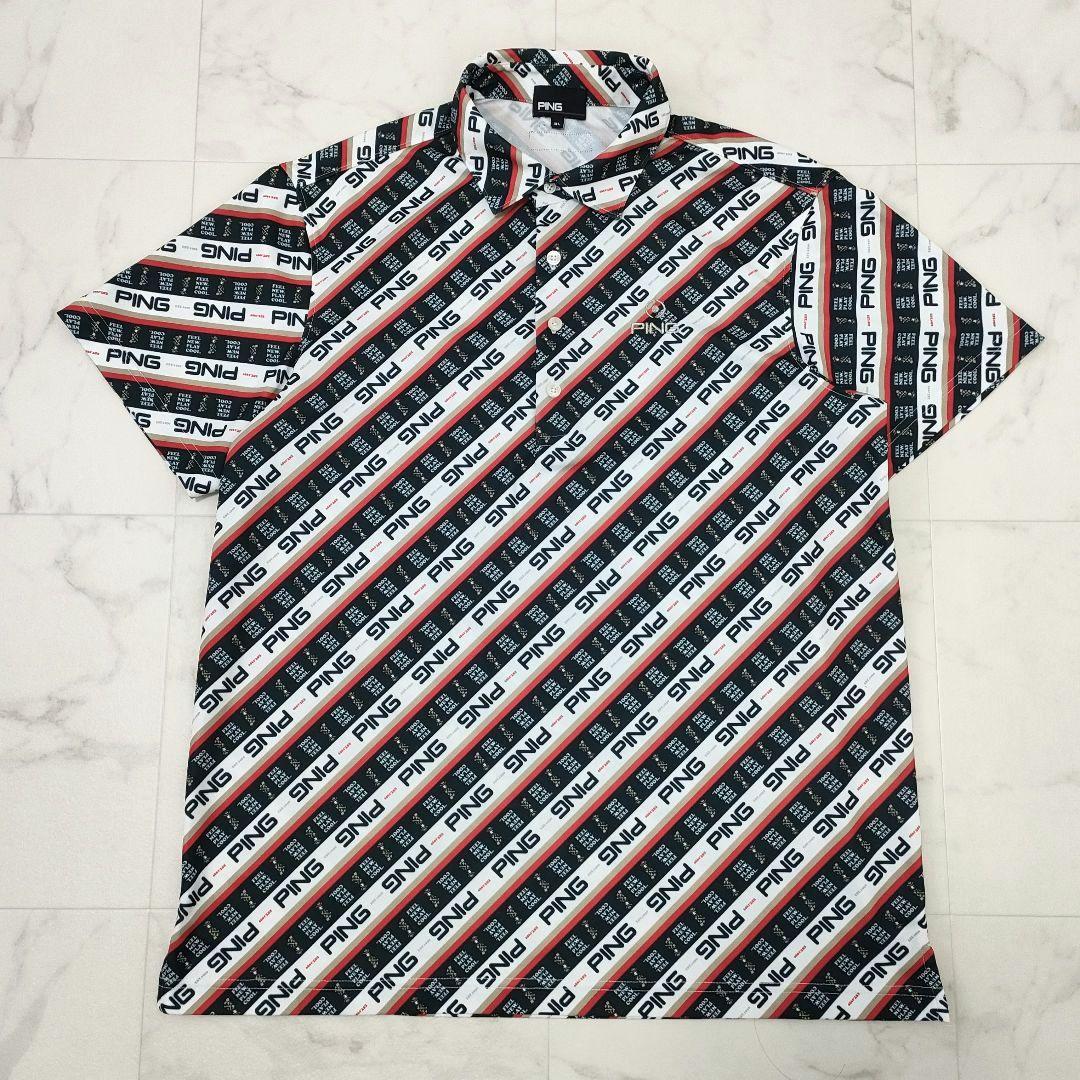 【極美品】PING　ゴルフ　半袖シャツ　ロゴ総柄　ストライプ　ストレッチ　3L
