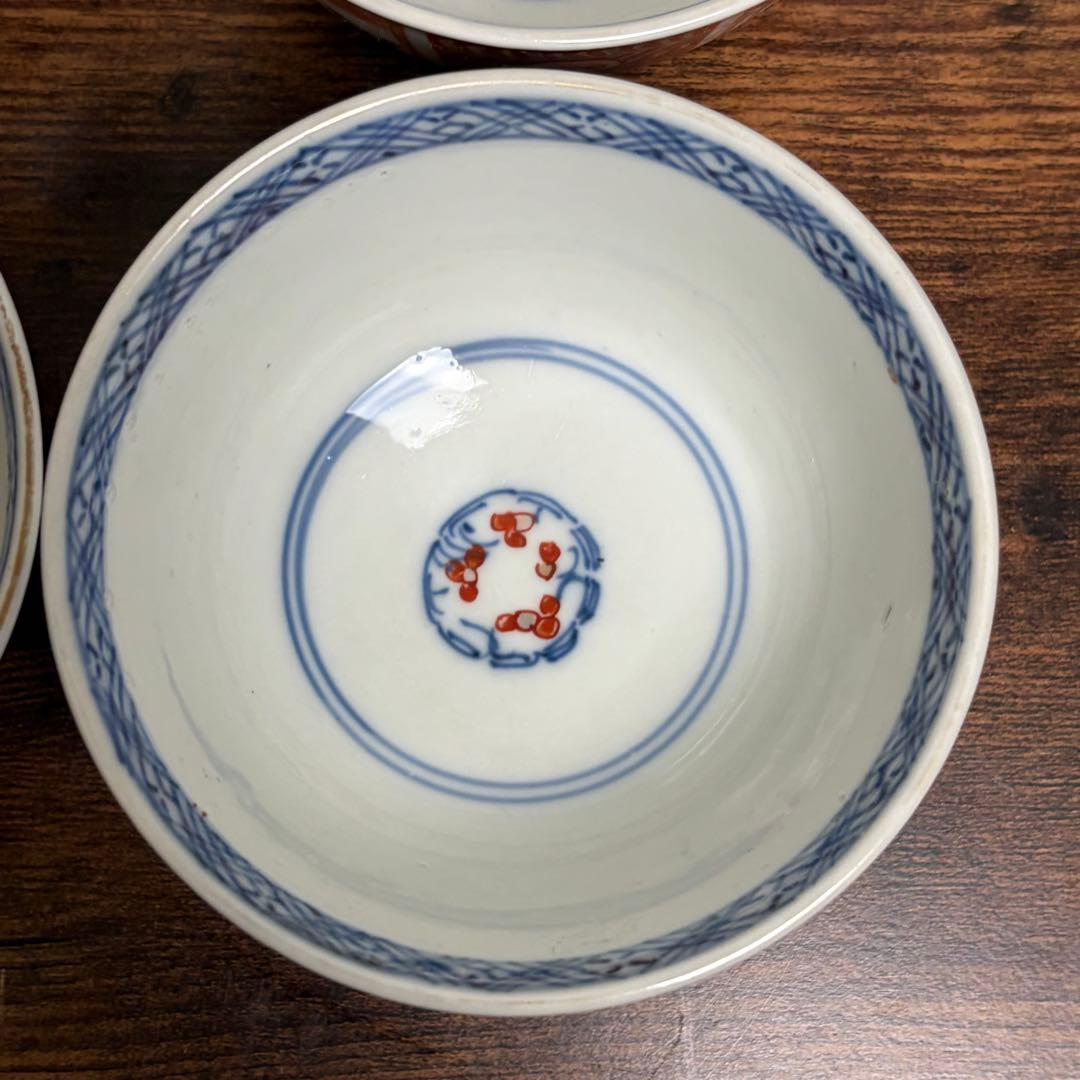 古伊万里　赤絵花図蓋物五客　お碗/飯碗/蓋付/吸物碗/アンティーク