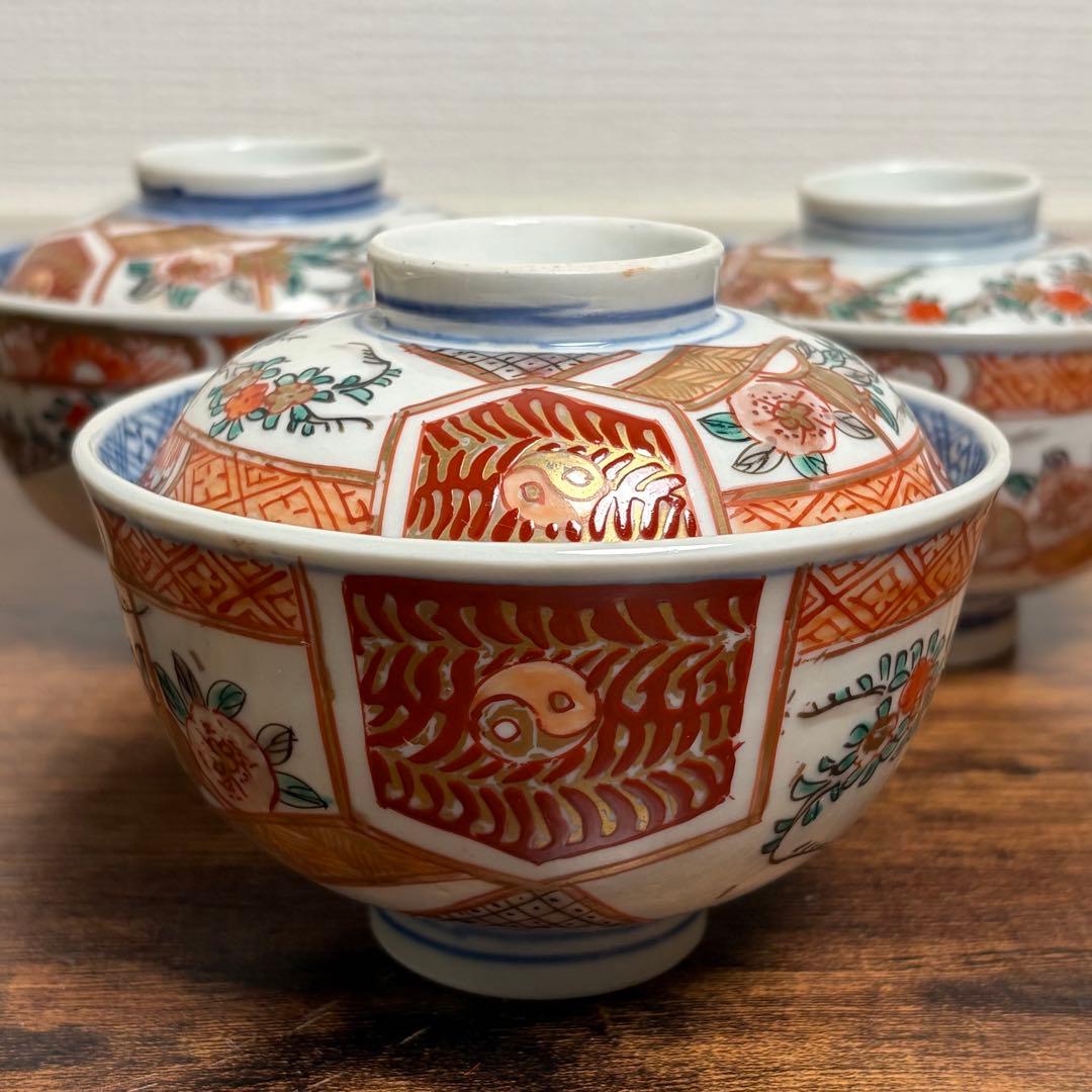 古伊万里　赤絵花図蓋物五客　お碗/飯碗/蓋付/吸物碗/アンティーク