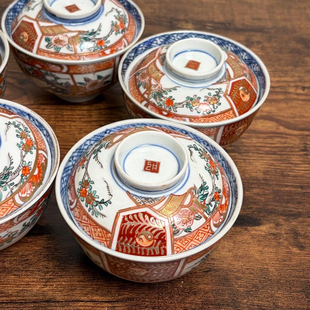 古伊万里　赤絵花図蓋物五客　お碗/飯碗/蓋付/吸物碗/アンティーク