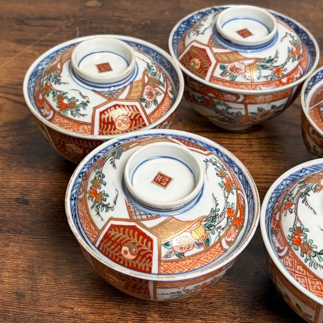 古伊万里　赤絵花図蓋物五客　お碗/飯碗/蓋付/吸物碗/アンティーク