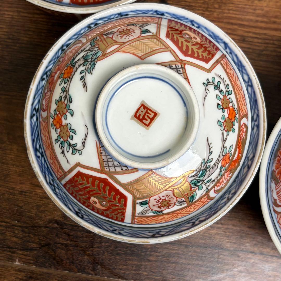 古伊万里　赤絵花図蓋物五客　お碗/飯碗/蓋付/吸物碗/アンティーク