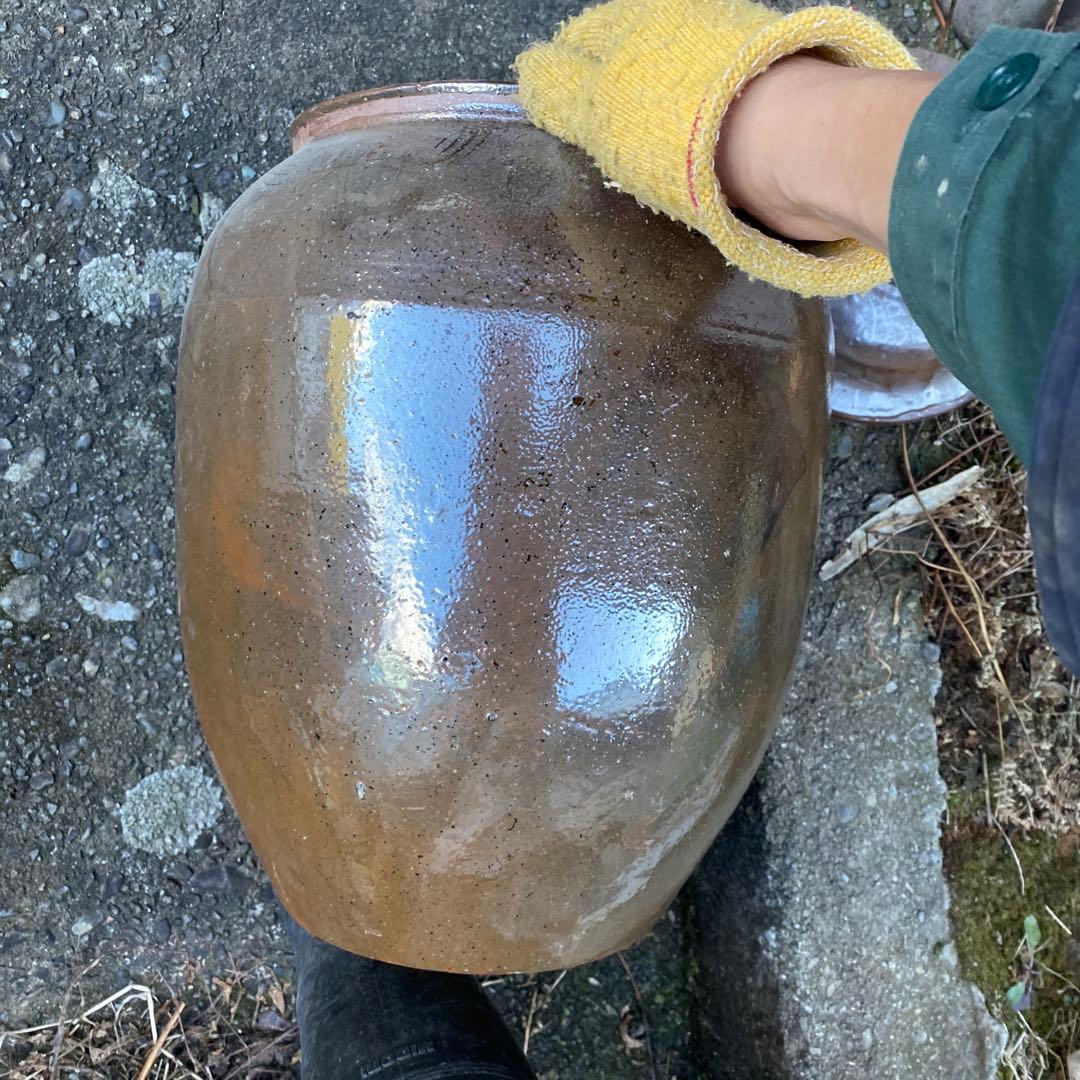 陶器 漬け物容器 蓋付き 茶色　大型