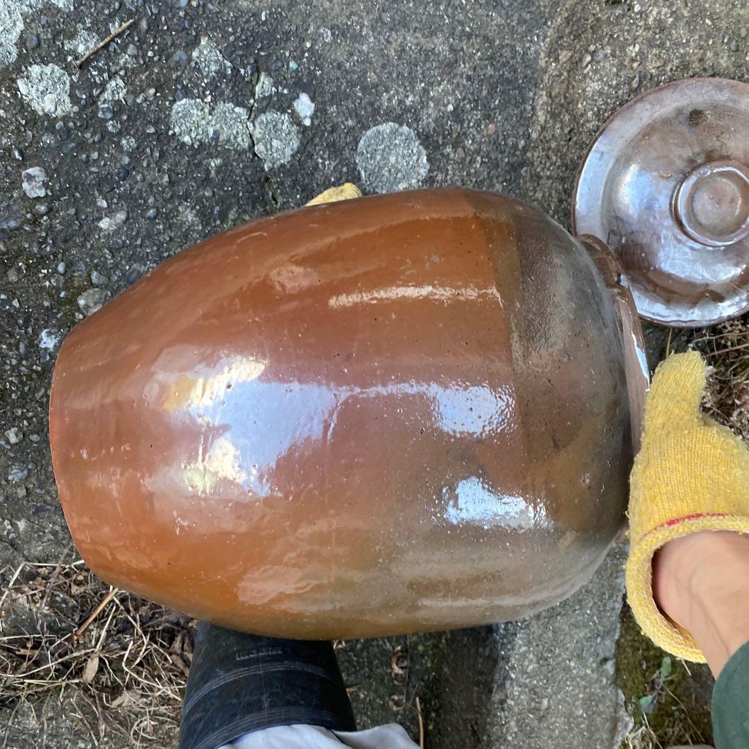 陶器 漬け物容器 蓋付き 茶色　大型