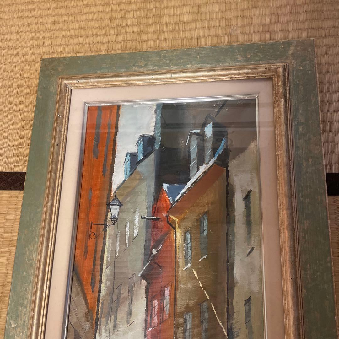 街並み 油彩画 縦長 フレーム付き