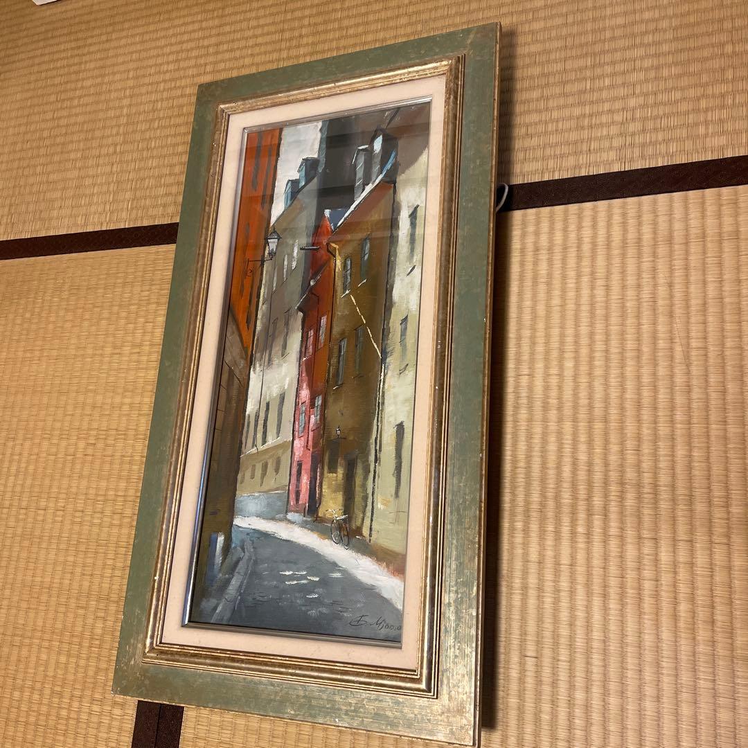 街並み 油彩画 縦長 フレーム付き