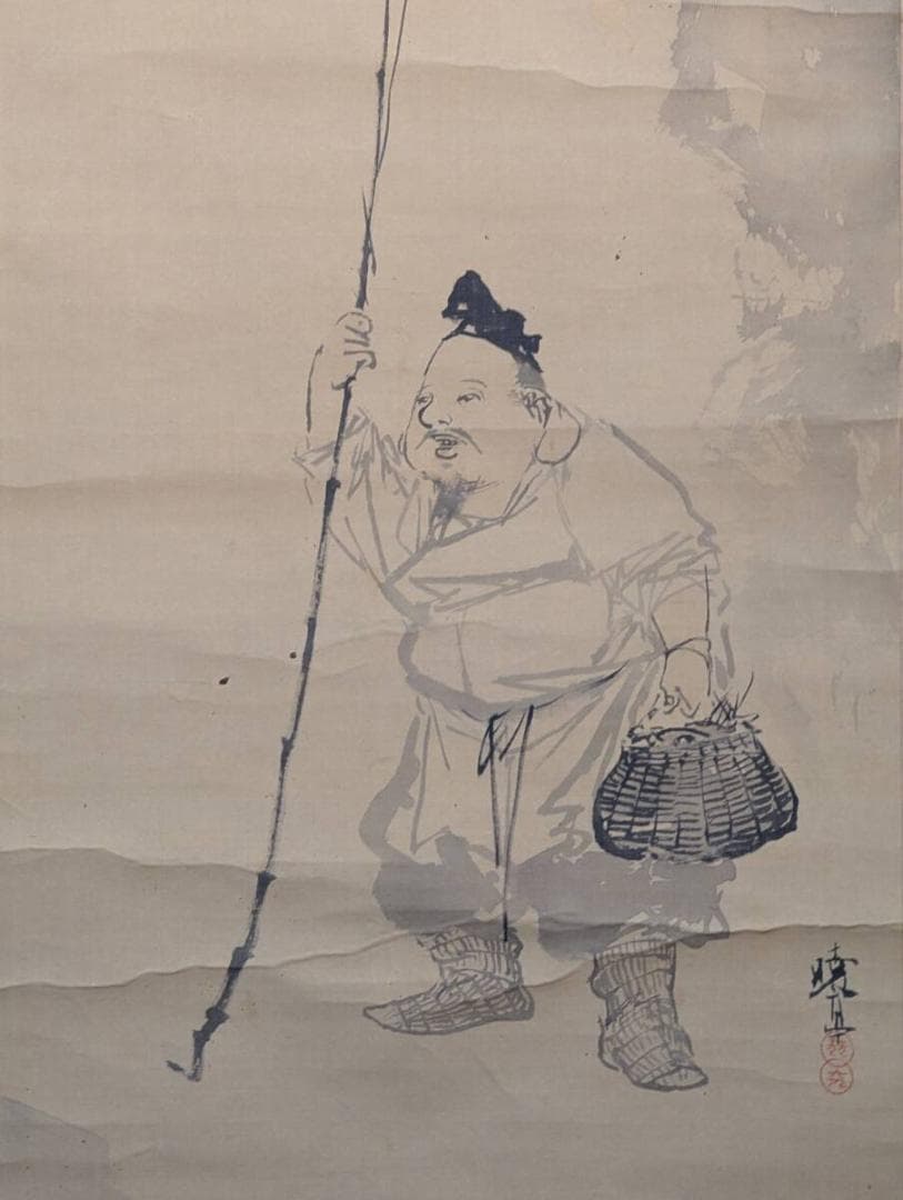 【真作】掛軸　真野暁亭　釣翁図　巧緻な筆線が冴える人物画　河鍋暁斎門　　V53