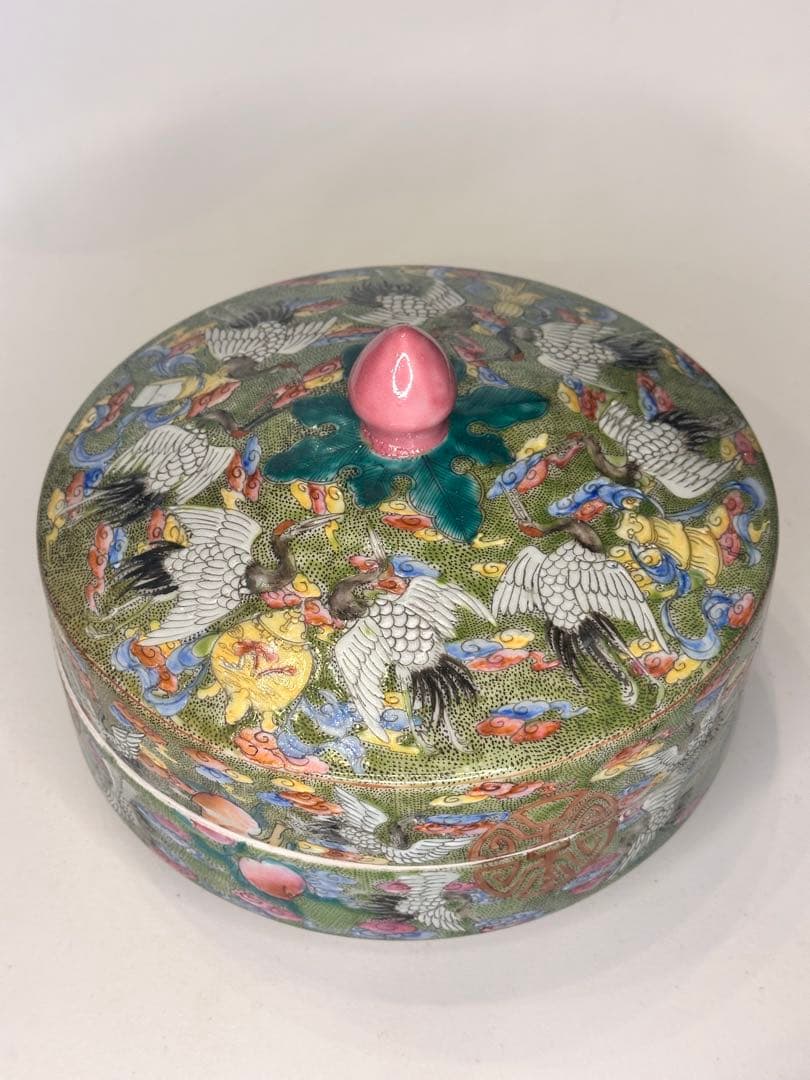 大清雍正年製 款 色絵 蓋物 果子器 菓子器 中国古美術 清代 蓋盒 鶴と花