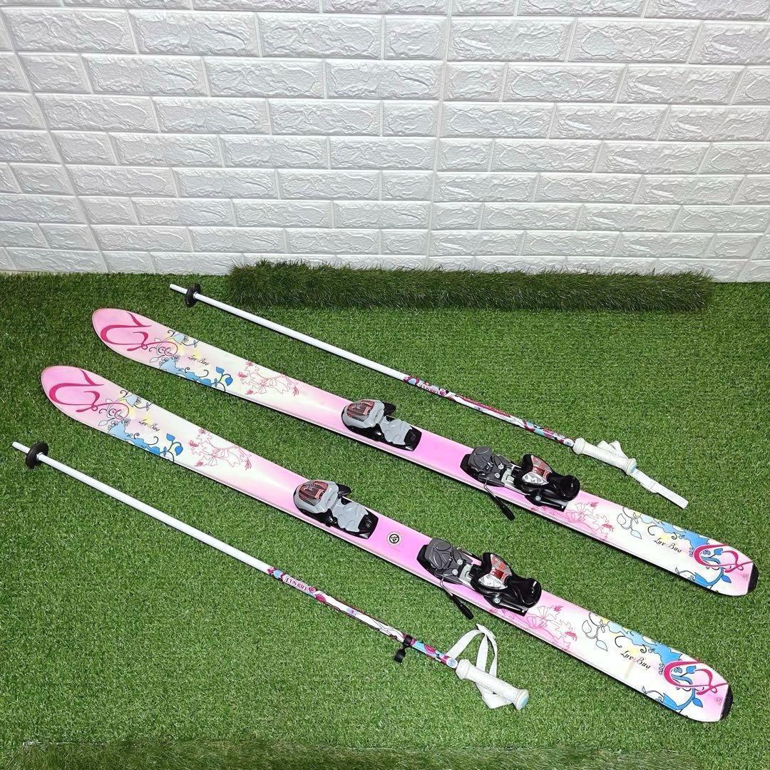 K2 かわいいピンク 女の子 ジュニアスキー板 134cm ストック棒付き