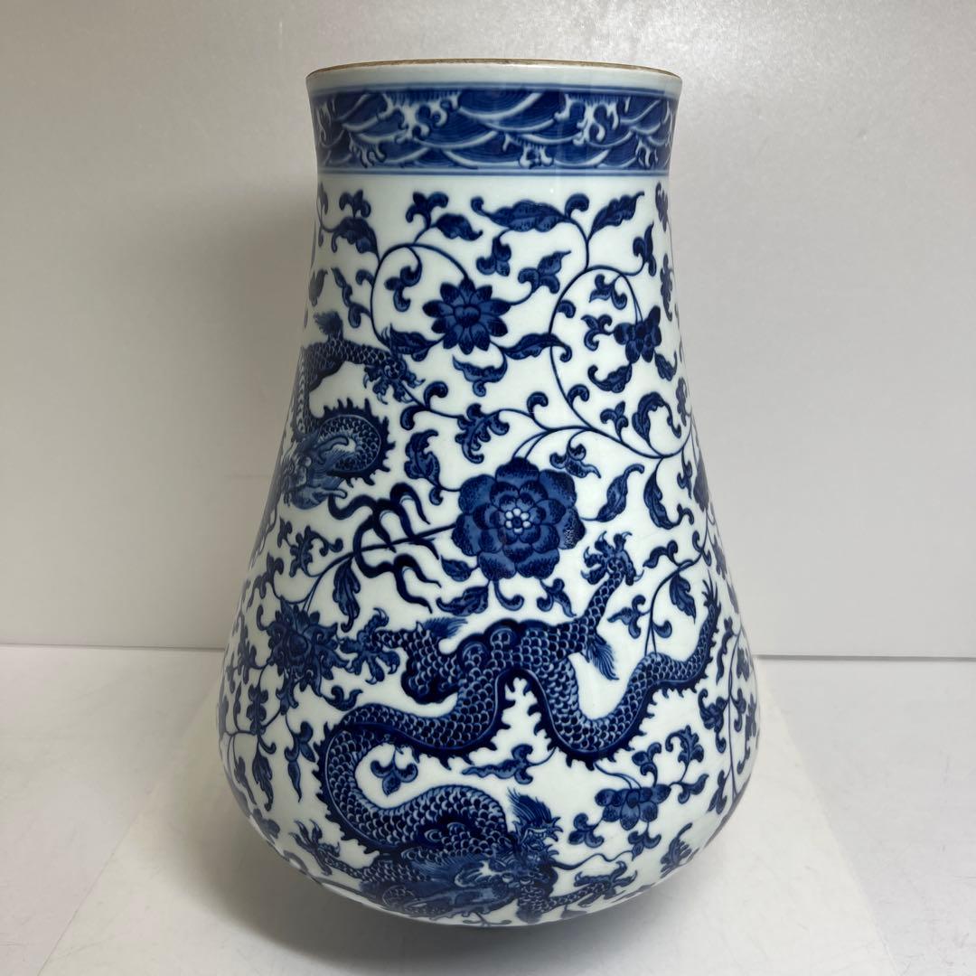 専用　中国清時代大清乾隆年製青花龍図花瓶　高さ35cm 東K8-0312トコオコ