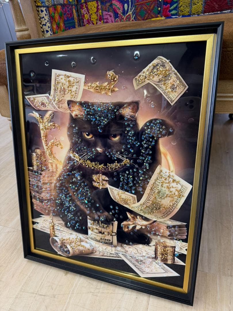 水晶絵　猫　ネコ　キャット　招き猫　金運　アニマル　アートパネル　絵画　商売繫盛