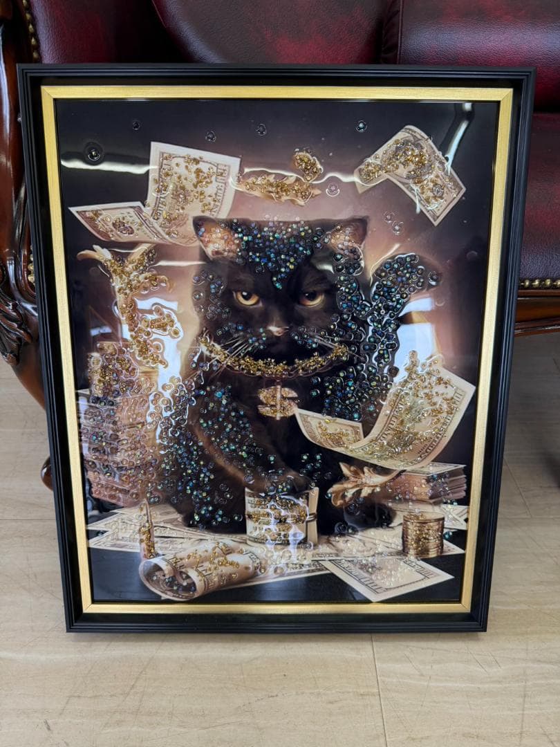 水晶絵　猫　ネコ　キャット　招き猫　金運　アニマル　アートパネル　絵画　商売繫盛